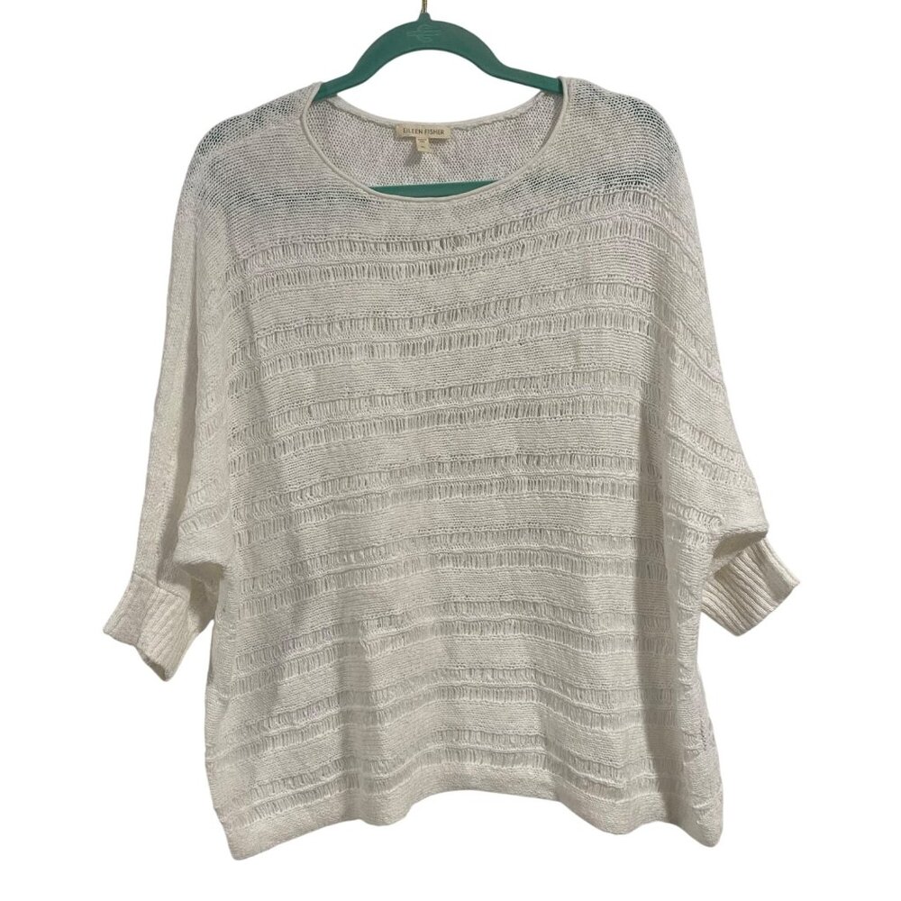 Eileen Fisher Organic Cotton Open Knit Dolman‎ Sleeve White Sweater Size XL